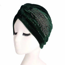 Load image into Gallery viewer, Twist velvet knotted headwrap with shinny feather design cap(seven colors)