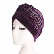 Load image into Gallery viewer, Twist velvet knotted headwrap with shinny feather design cap(seven colors)