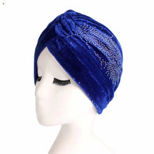 Load image into Gallery viewer, Twist velvet knotted headwrap with shinny feather design cap(seven colors)