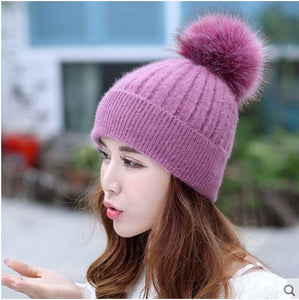 Winter thick warm knit crochet baggy beanie hat with pop pop (Seven colors)