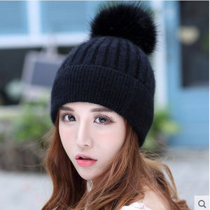 Winter thick warm knit crochet baggy beanie hat with pop pop (Seven colors)