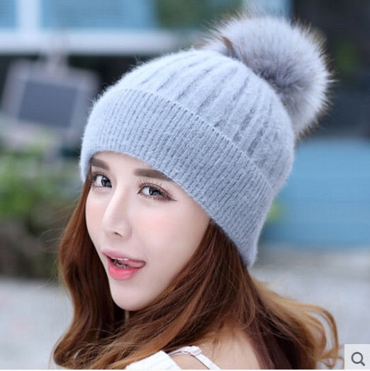 Winter thick warm knit crochet baggy beanie hat with pop pop (Seven colors)