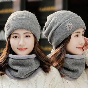 Winter warm plain knitted hat and circle scarf set (Seven colours)