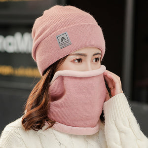 Winter warm plain knitted hat and circle scarf set (Seven colours)