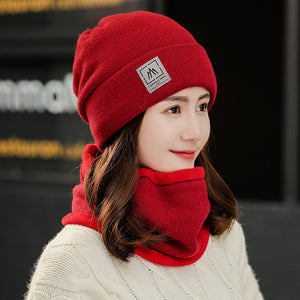 Winter warm plain knitted hat and circle scarf set (Seven colours)