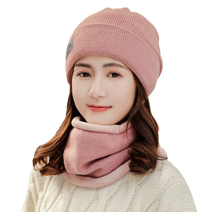 Winter warm plain knitted hat and circle scarf set (Seven colours)