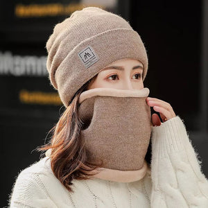 Winter warm plain knitted hat and circle scarf set (Seven colours)