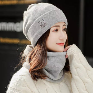 Winter warm plain knitted hat and circle scarf set (Seven colours)