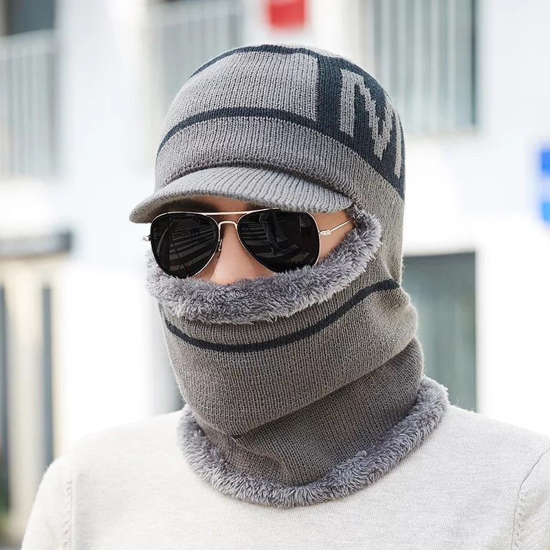 Scarf Mens Grey Wooly Hat Winter Men's Knitted Hat Scarf One Piece