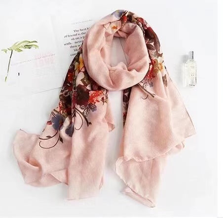 Linen feeling  long  flower design scarf/shawl