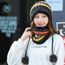 Load image into Gallery viewer, Winter warm knitted hat with three balls and circle scarf set Three colours)
