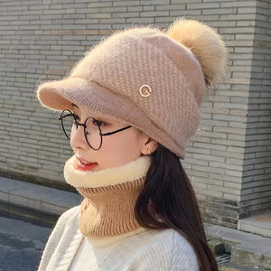 Winter thick warm ear protection knit crochet hat with pop pop(no neck scarf) (Six colors)