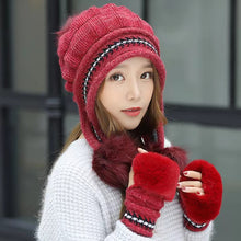 Load image into Gallery viewer, Winter warm knitted hat with gloves (Three colors)
