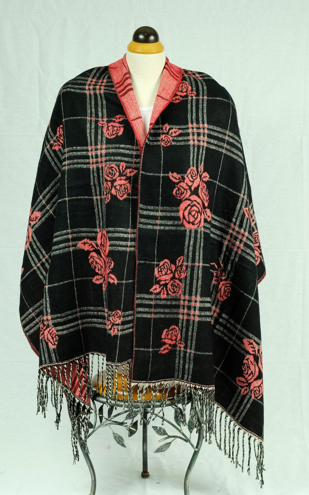 Winter check plaid wool feeling larger shawl/scarf with rose (four colours)