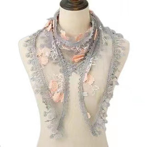 Triangle flower print lace Scarf/Shawl finished with lace edge (six colors)